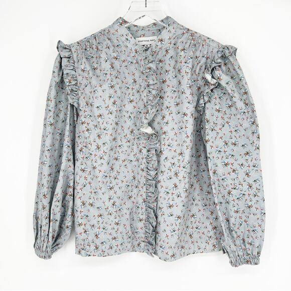 Something Navy Floral Ruffle Button Down Blouse XS Blue - Picture 2 of 8